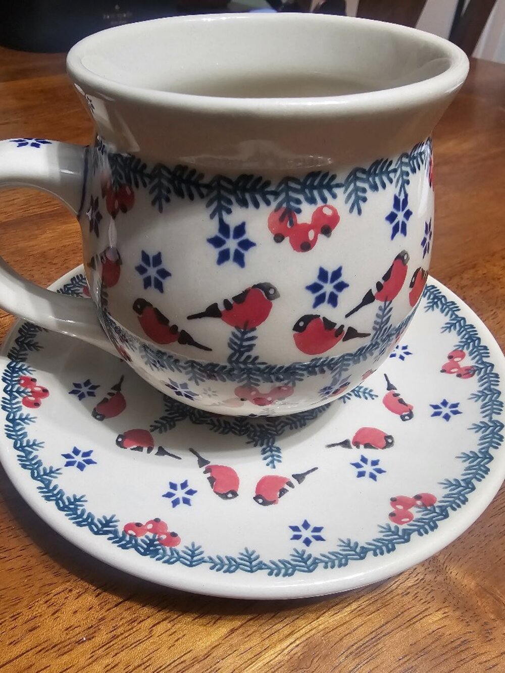 Polish Pottery-Belly Mug and Plate in Red Bird Design